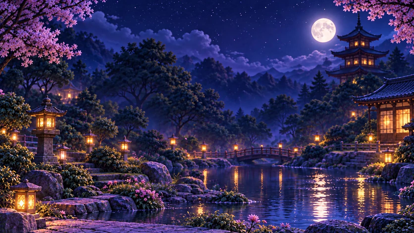 Sudoka development artwork: a moonlit garden and temple